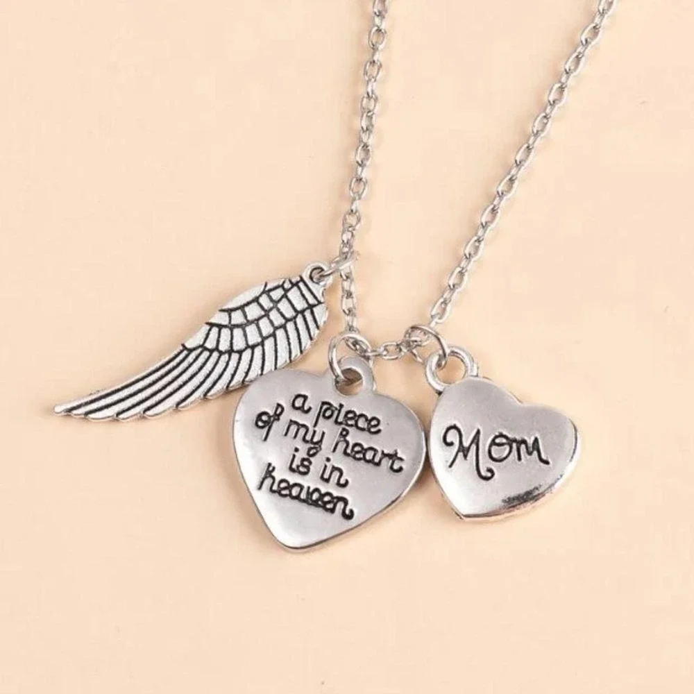 Mother Necklace Silver Mom Angel Wings Gift‎ Love Memorial Family Heart Jewelry